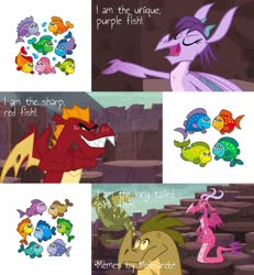 Size: 1000x1080 | Tagged: safe, edit, edited screencap, editor:melisareb, screencap, ballista, garble, prominence, dragon, fish, g4, gauntlet of fire, my little pony: friendship is magic, caption, clairev, clipart, comparison, dragoness, exploitable meme, female, image macro, klara viskova, male, meme, text