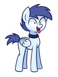 Size: 519x690 | Tagged: safe, artist:handgunboi, oc, oc only, oc:slipstream, pegasus, pony, behaving like a dog, blue mane, boofy, collar, full body, i can't believe it's not sugar morning, male, simple background, solo, spiked collar, spiky hair, spiky mane, stallion, tongue out, white background