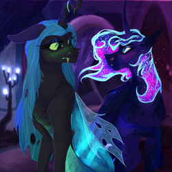 Size: 2000x2000 | Tagged: safe, artist:silly-draconeqques, princess luna, queen chrysalis, alicorn, changeling, changeling queen, pony, g4, bioluminescent, blushing, chrysaluna, ethereal mane, fangs, female, high res, lesbian, looking at each other, redesign, shipping, slit pupils