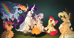 Size: 3500x1800 | Tagged: safe, artist:joleneforsgren, apple bloom, applejack, rainbow dash, rarity, scootaloo, sweetie belle, classical unicorn, earth pony, pegasus, pony, unicorn, campfire tales, g4, campfire, cave, cloven hooves, colored hooves, colored wings, crossed hooves, cutie mark crusaders, female, horn, laughing, leonine tail, missing cutie mark, multicolored wings, scene interpretation, siblings, sisters, unshorn fetlocks, wings
