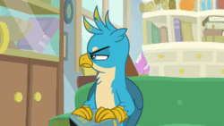 Size: 520x293 | Tagged: safe, edit, edited screencap, screencap, gallus, smolder, dragon, griffon, g4, student counsel, :<, >:<, amused, angry, animated, book, burnt, camera pan, caption, claw hold, claws, collapse, couch, destroyed, disrespectful, dragoness, duo, eyeroll, eyes rolling back, fangs, female, folded wings, gallus is not amused, gallus' book, gif, guilty pleasure, hand on chin, horns, image macro, lidded eyes, loop, male, meme, no regrets, school of friendship, shipping, shrunken pupils, sly, smiling, smirk, smollus, spoiled brat, starlight's office, straight, talons, text, turned head, turning, unamused, upset, wings, worth it