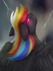 Size: 1772x2362 | Tagged: safe, artist:chrystal2288, artist:chrystal_company, oc, oc only, oc:darky wings, pegasus, pony, bust, dark cloud, glowing eyes, lightning, looking back, multicolored hair, pegasus oc, pink eyes, solo, wings