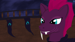 Size: 1200x675 | Tagged: safe, artist:quint-t-w, tempest shadow, original species, pony, sabertooth pony, g4, my little pony: the movie, alternate timeline, armor, broken tooth, fangs, female, flag, old art, scar, sharp teeth, ship, solo, species swap, teeth
