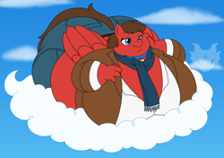 Size: 1698x1197 | Tagged: safe, artist:jouigidragon, oc, oc:redbow rose, pegasus, anthro, anthro oc, big breasts, breasts, clothes, cloud, collar, fat, huge belly, huge breasts, obese, pegasus oc, scarf, sky