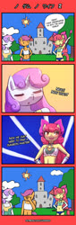 Size: 550x1622 | Tagged: safe, artist:lumineko, apple bloom, scootaloo, sweetie belle, earth pony, anthro, apple bloomers, comic:no game no wife, g4, bandeau, belly button, clothes, comic, cutie mark crusaders, dress, facepalm, midriff, sports panties, tank top