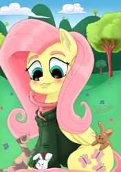 Size: 3035x4299 | Tagged: safe, artist:jomok0, fluttershy, pegasus, pony, rabbit, snake, g4, animal, blushing, bottomless, clothes, cuddling, cute, cutie mark, female, flower, folded wings, happy, looking at something, mare, outdoors, partial nudity, shyabetes, sitting, sleeping, smiling, sweater, sweatershy, tree, wings