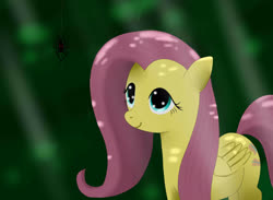 Size: 3000x2200 | Tagged: safe, artist:mricantdraw, fluttershy, pegasus, pony, spider, g4, female, folded wings, forest, high res, looking at something, looking up, mare, smiling, solo, three quarter view, wings