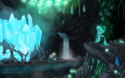 Size: 3200x2000 | Tagged: safe, artist:mricantdraw, queen chrysalis, changeling, changeling queen, g4, cave, crystal, detailed background, female, high res, river, scenery, signature, solo, standing, waterfall