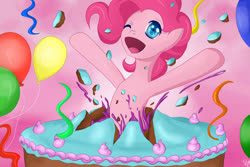Size: 1600x1067 | Tagged: safe, artist:mricantdraw, pinkie pie, earth pony, pony, g4, balloon, cake, female, food, party, popping out of a cake, solo