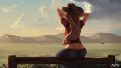 Size: 2560x1440 | Tagged: safe, artist:mricantdraw, applejack, human, g4, arm behind head, ass, belt, butt, clothes, face not visible, female, hat, humanized, jeans, midriff, pants, rear view, scenery, solo
