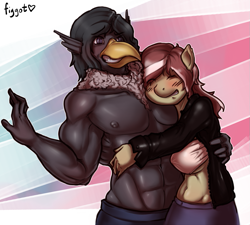Size: 843x759 | Tagged: safe, artist:figgot, oc, oc only, oc:harpy, oc:windrose, griffon, anthro, abs, bra, clothes, duo, female, hug, male, muscles, muscular male, partial nudity, topless, underwear