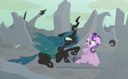 Size: 1024x634 | Tagged: safe, artist:skunk412, queen chrysalis, starlight glimmer, changeling, changeling queen, pony, unicorn, g4, to where and back again, angry, female, rejected