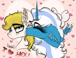 Size: 1021x783 | Tagged: safe, artist:beamybutt, oc, oc:fleurbelle, oc:golden skies, adorabelle, bow, cheek kiss, cute, ear fluff, eyes closed, fleurden, hair bow, hearts and hooves day, kissing, surprised