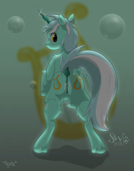Size: 943x1200 | Tagged: safe, artist:sherwood, lyra heartstrings, pony, unicorn, g4, both cutie marks, butt, dock, featureless crotch, female, looking at you, looking back, lyre, mare, musical instrument, nudity, plot, rear view, solo