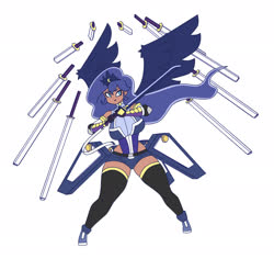 Size: 1916x1808 | Tagged: safe, artist:franschesco, princess luna, human, g4, battle mode, breasts, busty princess luna, clothes, dark skin, horn, horned humanization, humanized, levitation, magic, stockings, sword, telekinesis, thigh highs, weapon, winged humanization, wings