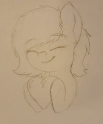 Size: 1519x1836 | Tagged: safe, artist:smoldix, oc, oc only, oc:filly anon, pony, bust, eyes closed, female, filly, happy, heart, hoof hold, pencil drawing, smiling, traditional art
