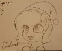 Size: 2197x1836 | Tagged: safe, artist:smoldix, oc, oc only, oc:filly anon, pony, bust, chest fluff, christmas, dialogue, female, filly, happy, hat, holiday, merry christmas, open mouth, pencil drawing, santa hat, solo, traditional art