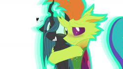 Size: 1600x900 | Tagged: safe, artist:chrystalestia, queen chrysalis, thorax, changedling, changeling, g4, to where and back again, chrysarax, hug, king thorax, shipping, simple background, white background