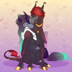 Size: 1200x1200 | Tagged: safe, artist:dementra369, oc, oc only, earth pony, pony, unicorn, accessory, cheek kiss, collar, colored hooves, fangs, female, gold hooves, hooves, hug, kissing, leonine tail, looking at each other, male, mare, prosthetics, scar