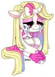 Size: 1024x1425 | Tagged: safe, artist:sk-ree, oc, oc only, oc:hanahaki, pony, unicorn, chibi, clothes, crying, curved horn, female, horn, leg warmers, mare, pleated skirt, shirt, shoes, simple background, skirt, solo, transparent background