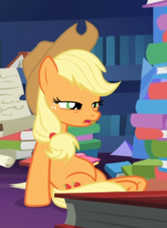 Size: 398x543 | Tagged: safe, screencap, applejack, earth pony, pony, g4, shadow play, belly, book, cropped, female, freckles, library, lidded eyes, mare, open mouth, sitting, solo, twilight's castle, twilight's castle library, waking up