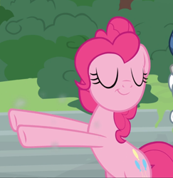Size: 912x937 | Tagged: safe, screencap, pinkie pie, earth pony, pony, g4, shadow play, :t, bipedal, cropped, eyes closed, female, mare, solo