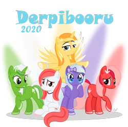 Size: 3000x2985 | Tagged: safe, artist:arifproject, oc, oc only, oc:comment, oc:downvote, oc:favourite, oc:hide image, oc:upvote, alicorn, earth pony, pegasus, pony, unicorn, derpibooru, g4, 2020, cute, derpibooru ponified, grin, group photo, high res, meta, ponified, raised hoof, simple background, sitting, smiling, spread wings, vector, wings