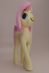 Size: 1280x1920 | Tagged: safe, artist:ooredelen, fluttershy, pony, g4, 3d, blender, blender cycles, cutie mark, eyebrows, female, full body, looking at you, mane, one eye closed, simple background, smiling, solo, wingless, wip