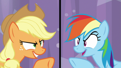 Size: 1920x1080 | Tagged: safe, screencap, applejack, rainbow dash, earth pony, pegasus, pony, a trivial pursuit, g4, applejack's hat, competitive, cowboy hat, duo, eyebrows, female, freckles, grin, hat, looking at each other, mare, pointing, ponytail, rivalry, smiling, stetson, trivia trot
