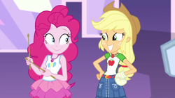 Size: 1920x1080 | Tagged: safe, screencap, applejack, pinkie pie, constructive criticism, constructive criticism: pinkie pie, equestria girls, g4, my little pony equestria girls: better together, applejack's hat, bandage, broken hand, clothes, cowboy hat, cute, denim skirt, diapinkes, duo, duo female, female, freckles, geode of sugar bombs, geode of super strength, hat, jackabetes, magical geodes, skirt, smiling, stetson