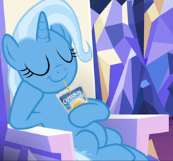 Size: 1004x938 | Tagged: safe, edit, edited screencap, screencap, trixie, pony, unicorn, all bottled up, g4, belly, caprisun, cropped, drinking, eyes closed, hoof hold, horn, product placement