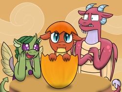 Size: 2048x1536 | Tagged: safe, artist:danieladragonexe, artist:kindheart525, oc, oc:amber magma, oc:emerald beetle, oc:inferno, dragon, hybrid, kindverse, baby, father and child, father and daughter, female, interspecies offspring, magical gay spawn, male, offspring, offspring's offspring, parent:garble, parent:oc:inferno, parent:spike, parent:thorax, parents:oc x oc, parents:thoraxspike