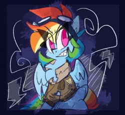 Size: 1752x1609 | Tagged: safe, artist:nekosnicker, rainbow dash, pegasus, pony, g4, abstract background, bomber jacket, clothes, eye clipping through hair, female, goggles, jacket, looking at you, mare, no pupils, sharp teeth, sitting, smiling, solo, spread wings, teeth, wings