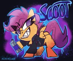 Size: 1677x1411 | Tagged: safe, artist:nekosnicker, scootaloo, pegasus, pony, g4, abstract background, clothes, eye clipping through hair, female, filly, graffiti, hoof hold, jacket, looking at you, no pupils, sharp teeth, smiling, solo, spray paint, spread wings, teeth, wings