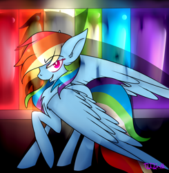 Size: 1000x1022 | Tagged: safe, artist:thelilcrazymoney, rainbow dash, pegasus, pony, fanfic:rainbow factory, g4, female, mare, rainbow factory dash, raised hoof, smiling, smirk, solo, spread wings, wings