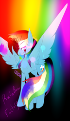 Size: 1861x3222 | Tagged: safe, artist:thelilcrazymoney, rainbow dash, pegasus, pony, fanfic:rainbow factory, g4, backwards cutie mark, blood, female, mare, rainbow factory dash, smiling, smirk, solo, spread wings, wings
