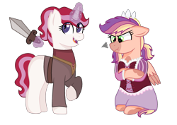 Size: 2049x1453 | Tagged: safe, artist:kindheart525, artist:svtfoedrawer0811, oc, oc only, oc:brilliant blood-rose, oc:rome pomme, pegasus, pony, unicorn, kindverse, clothes, crossed hooves, dress, fangs, offspring, offspring's offspring, parent:oc:discovery, parent:oc:primrose, parents:oc x oc, simple background, sword, transparent background, weapon