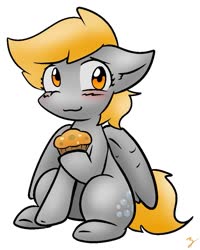 Size: 741x927 | Tagged: safe, artist:zutcha, derpy hooves, pegasus, pony, g4, blushing, cute, derpabetes, female, food, hoof hold, mare, muffin, simple background, sitting, solo, wavy mouth, white background