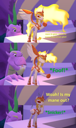 Size: 1920x3240 | Tagged: safe, artist:red4567, daybreaker, princess celestia, spike, alicorn, dragon, pony, g4, 3 panel comic, 3d, blowing, comic, disney, hades, hercules, laughing, mane of fire, movie reference, prank, source filmmaker, spikezilla