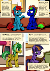 Size: 2171x3070 | Tagged: safe, artist:mysticalpha, oc, oc only, oc:fire breeze, oc:meteor sparkle, oc:star blazer, pegasus, pony, comic:cloud zapper and the helm of chaos, book, comic, female, high res, male, mare, royal guard, stallion