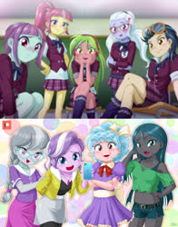 Size: 1200x1534 | Tagged: safe, artist:uotapo, edit, cozy glow, diamond tiara, indigo zap, lemon zest, queen chrysalis, silver spoon, sour sweet, sugarcoat, sunny flare, equestria girls, g4, adoraflare, bedroom eyes, belly button, belt, blushing, bra, cellphone, classroom, clothes, compression shorts, cozybetes, crossed arms, crossed legs, crystal prep academy uniform, cute, cutealis, diamondbetes, dress, equestria girls-ified, fangs, female, freckles, glasses, goggles, goggles on head, green eyes, hand on hip, looking at you, midriff, miniskirt, multicolored hair, open mouth, phone, pleated skirt, ponytail, puffy sleeves, school uniform, shadow five, short shirt, shorts, shorts under skirt, side slit, silverbetes, skirt, smartphone, smiling, sourbetes, sugarcute, tomboy, underwear, younger, zapabetes, zestabetes