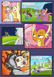 Size: 2893x4092 | Tagged: safe, artist:mustachedbain, fluttershy, ocellus, smolder, oc, oc:august, oc:rexion, changedling, changeling, dragon, earth pony, pegasus, pony, comic:my dragon children, g4, ball, blushing, bruised, comic, distracted, distracted by the sexy, dragon oc, giving up the ghost, swirly eyes