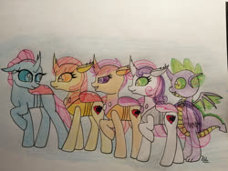 Size: 1280x960 | Tagged: safe, artist:hiroultimate, apple bloom, ocellus, scootaloo, spike, sweetie belle, changedling, changeling, g4, bloomling, changedlingified, changelingified, cutie mark crusaders, scootaling, species swap, sweetiling, traditional art