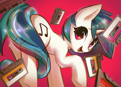 Size: 1301x944 | Tagged: safe, artist:mirroredsea, dj pon-3, vinyl scratch, pony, unicorn, g4, compact cassette, cute, female, horn, looking at you, mare, open mouth, red background, simple background, solo, vinylbetes