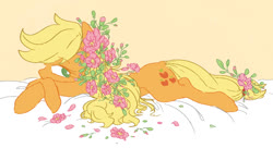 Size: 848x462 | Tagged: safe, artist:nota_mano, applejack, earth pony, pony, g4, cute, female, flower, flower in hair, jackabetes, mare, no pupils, prone, solo