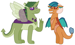 Size: 2048x1230 | Tagged: safe, artist:kindheart525, oc, oc only, oc:emerald beetle, oc:pupa phosphorus, dragonling, hybrid, kindverse, bipedal, interspecies offspring, magical gay spawn, offspring, parent:princess ember, parent:spike, parent:thorax, parents:embrax, parents:thoraxspike, simple background, solo, transparent background
