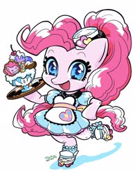 Size: 1618x2048 | Tagged: safe, artist:babtyu, pinkie pie, earth pony, pony, coinky-dink world, eqg summertime shorts, equestria girls, g4, carhop, clothes, cute, diapinkes, dress, equestria girls ponified, female, food, heart eyes, ice cream, looking at you, mare, open mouth, ponified, roller skates, server pinkie pie, simple background, solo, tray, white background, wingding eyes