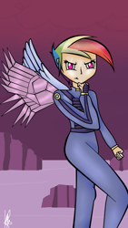 Size: 540x960 | Tagged: safe, artist:loloujelsa, rainbow dash, human, g4, alternate hairstyle, alternate timeline, amputee, apocalypse dash, armor, artificial wings, augmented, clothes, crystal war timeline, eye scar, female, fingerless gloves, gloves, humanized, prosthetic limb, prosthetic wing, prosthetics, rock, scar, solo, winged humanization, wings