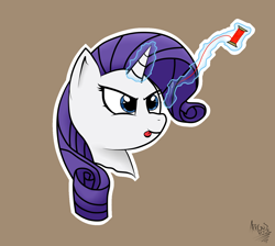 Size: 1450x1300 | Tagged: safe, artist:arrgus-korr, rarity, pony, unicorn, g4, bust, concentrating, female, head only, magic, mare, needle, portrait, simple background, solo, sticker, thread, tongue out
