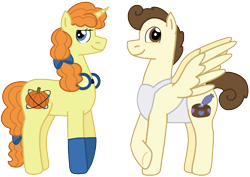 Size: 1851x1309 | Tagged: safe, artist:kindheart525, pound cake, pumpkin cake, pegasus, pony, unicorn, kindverse, g4, apron, bow, clothes, duo, female, goggles, hair bow, male, older, simple background, transparent background